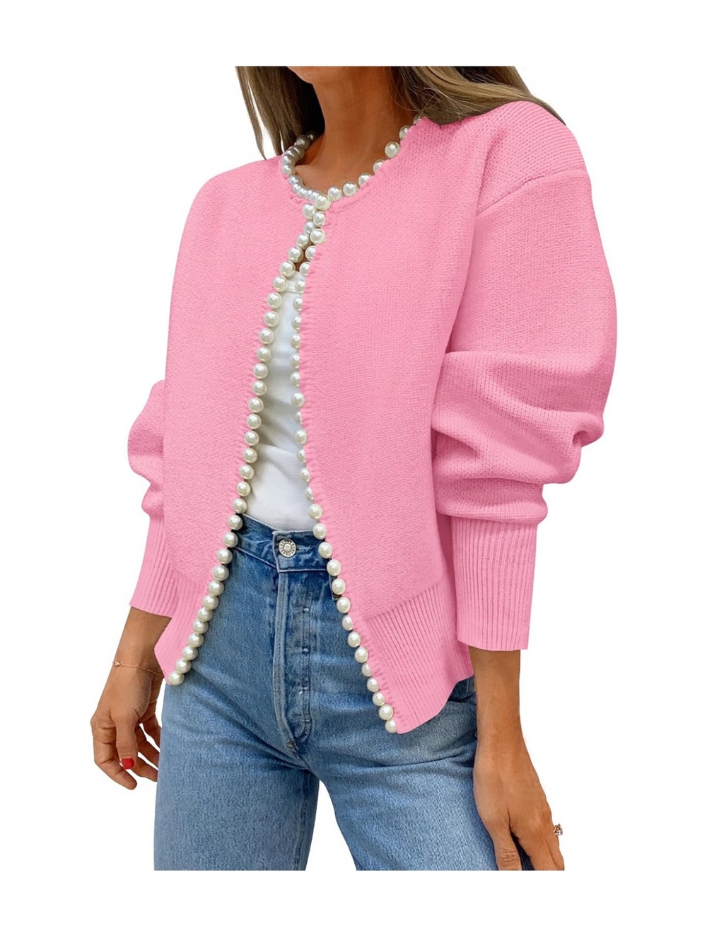 Pearl Trim Open Front Cardigan Sweater Long Sleeve Knit